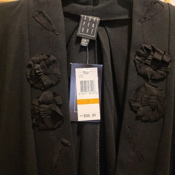 Due Per Due Womens Floral Accent Kimono Sleeves Black Cardigan Sweater Sz S NWT - Picture 2 of 7